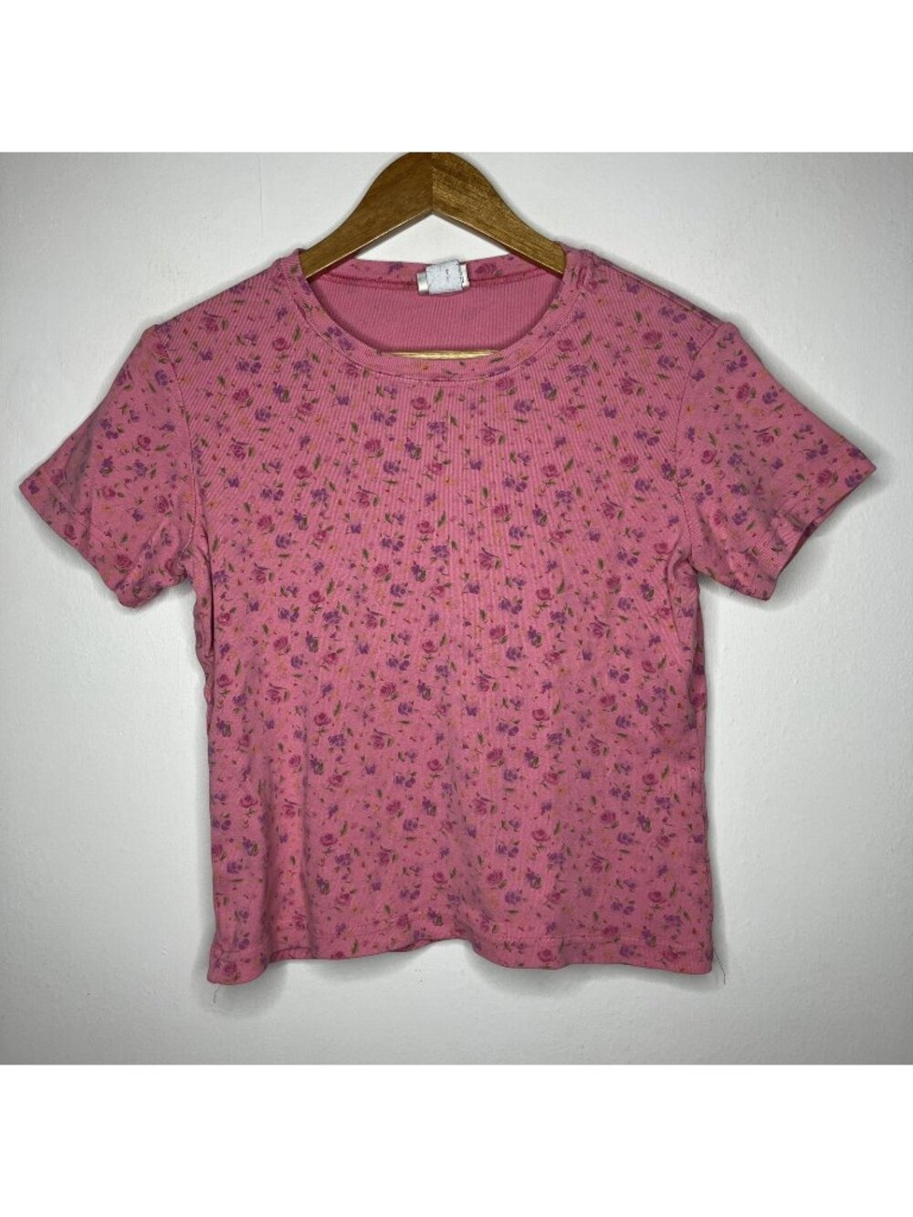Vintage C.M.I. Women's Pink Floral Ribbed Knit Short Sleeve T-Shirt Size M Y2K